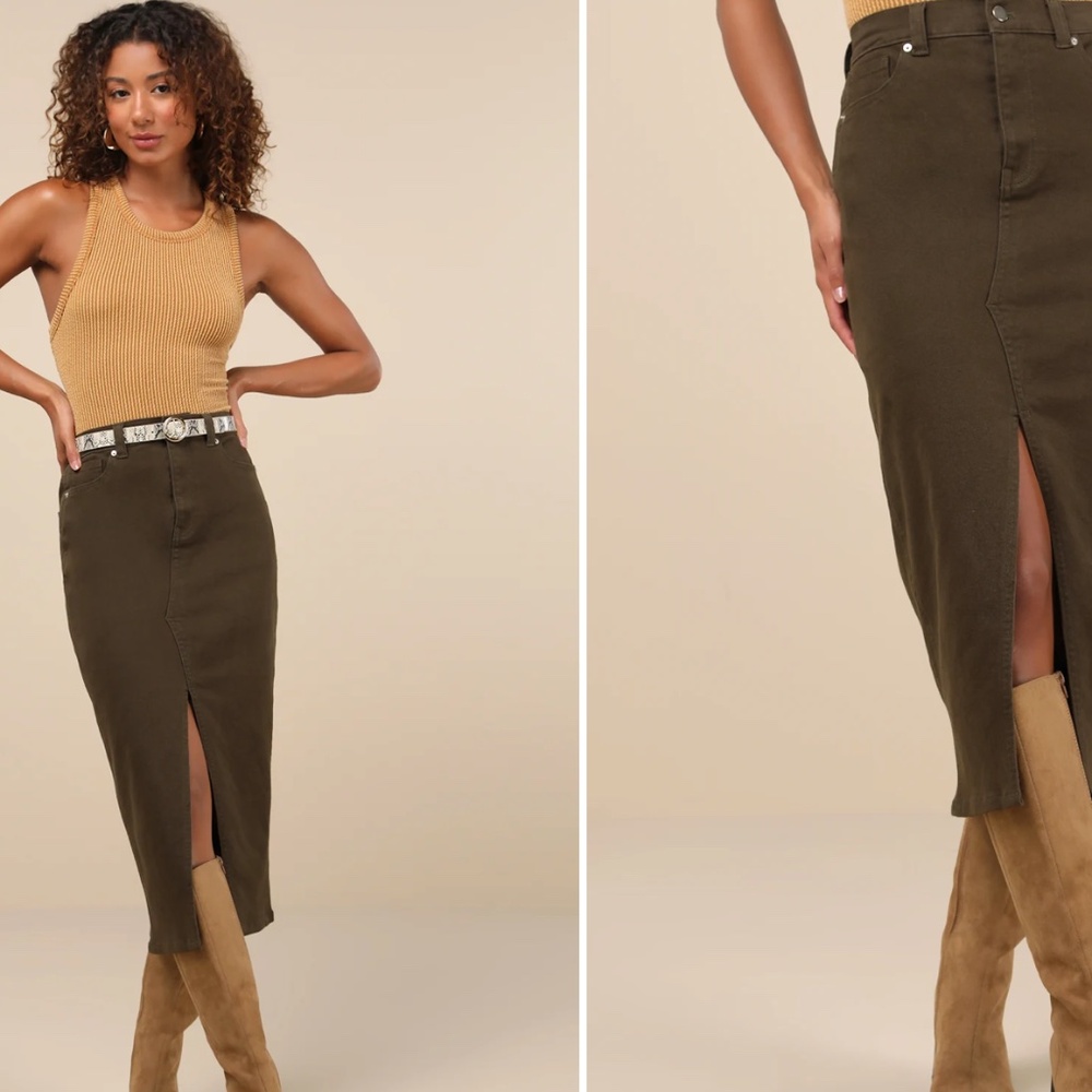 Olive Green High-Rise Denim Midi Skirt